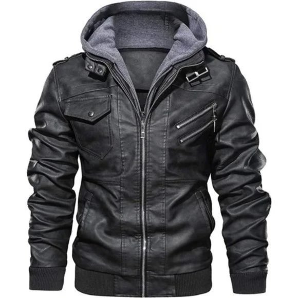 Men’s Casual Stand Collar PU Faux Leather Black